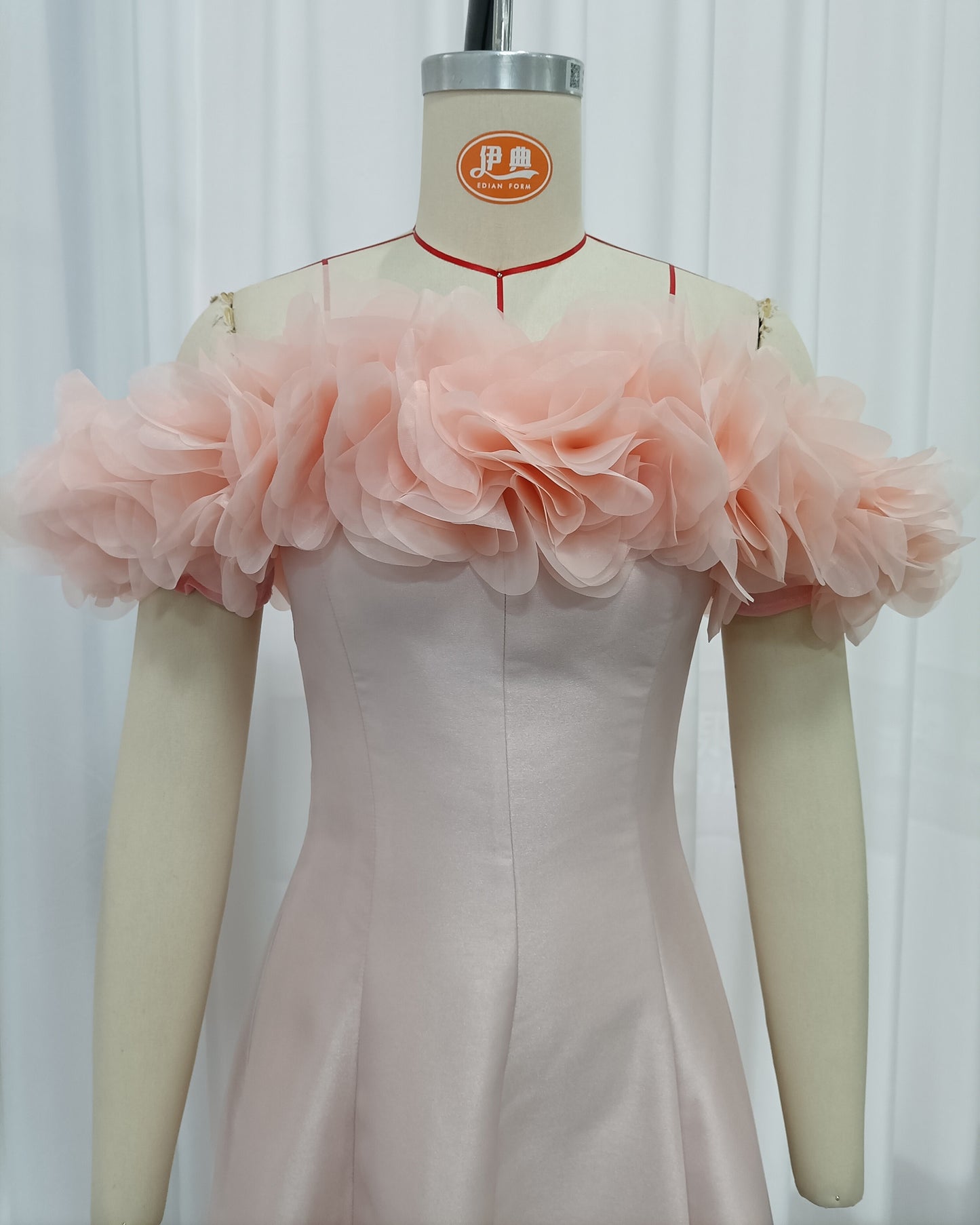 Pink Off Shoulder 3D Floral Satin Evening Gown