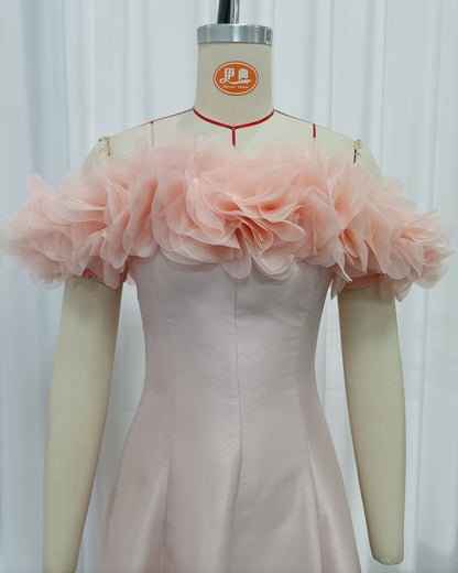 Pink Off Shoulder 3D Floral Satin Evening Gown