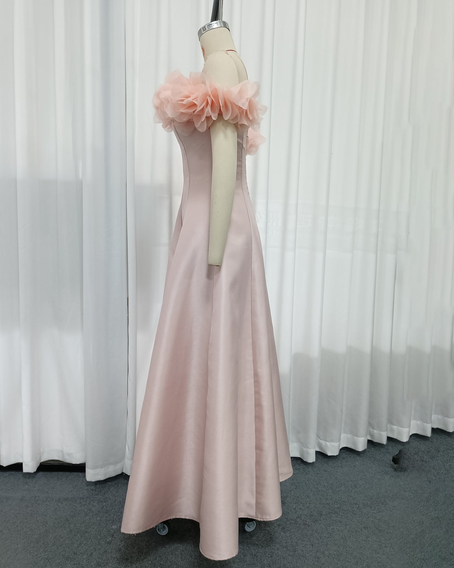 Pink Off Shoulder 3D Floral Satin Evening Gown