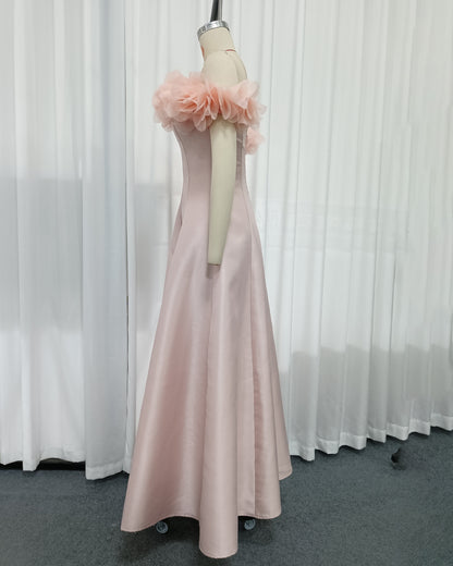 Pink Off Shoulder 3D Floral Satin Evening Gown