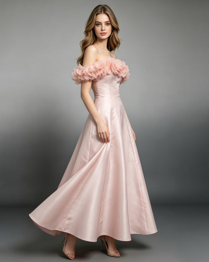Pink Off Shoulder 3D Floral Satin Evening Gown