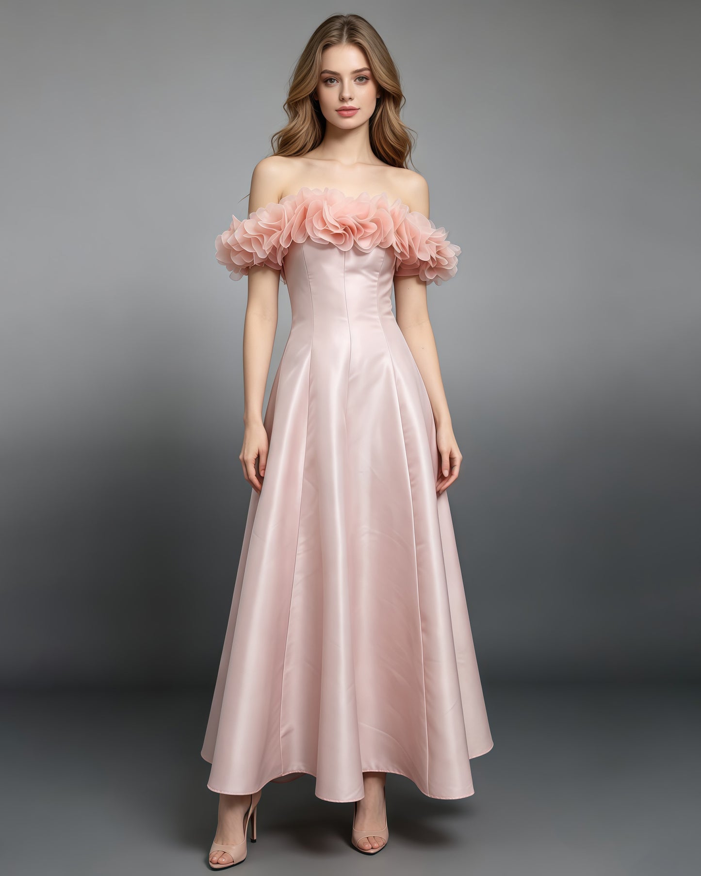 Pink Off Shoulder 3D Floral Satin Evening Gown