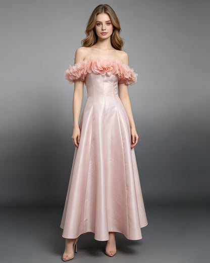 Pink Off Shoulder 3D Floral Satin Evening Gown