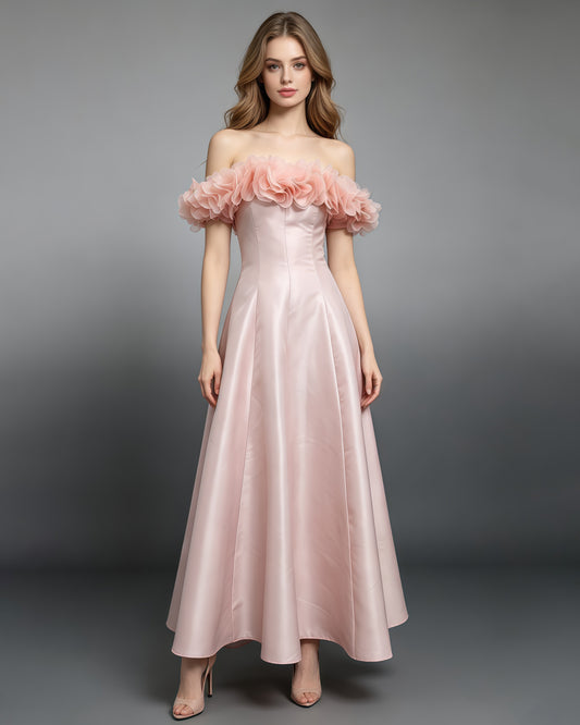 Pink Off Shoulder 3D Floral Satin Evening Gown