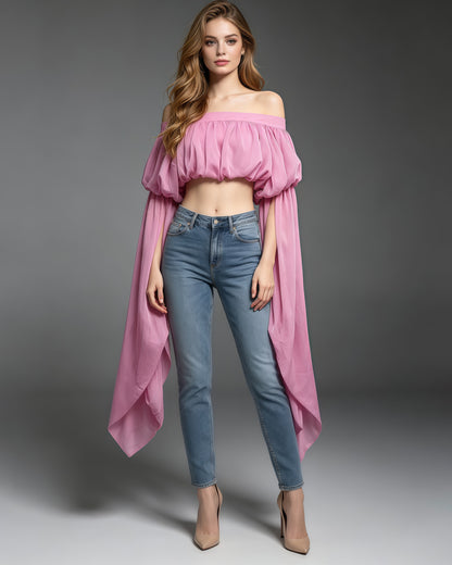 Pink Off Shoulder Puff Sleeves Cropped Blouse