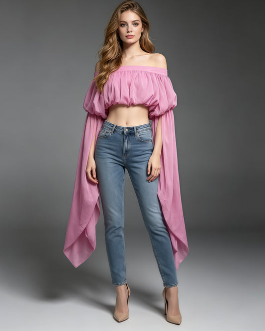 Pink Off Shoulder Puff Sleeves Cropped Blouse