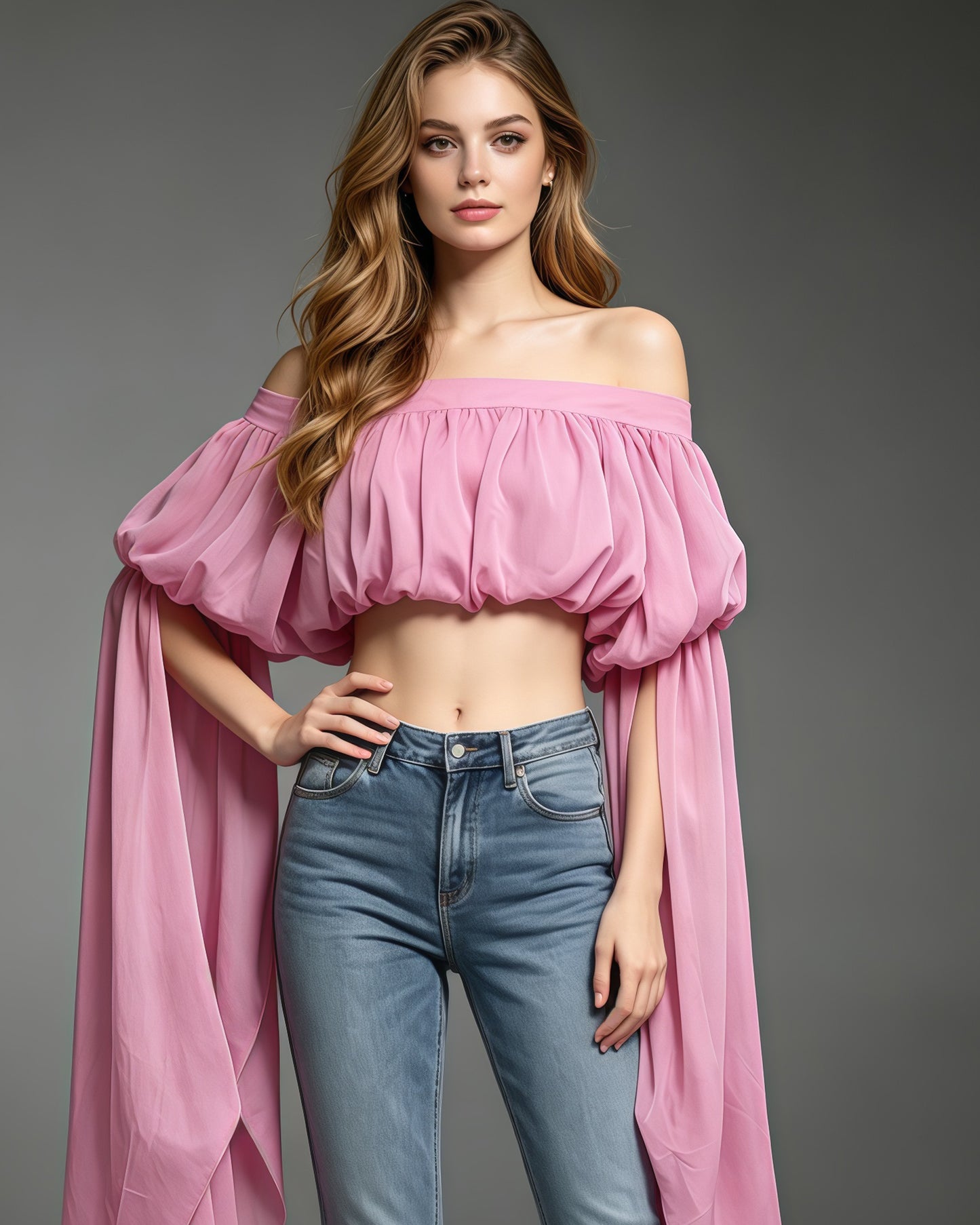 Pink Off Shoulder Puff Sleeves Cropped Blouse