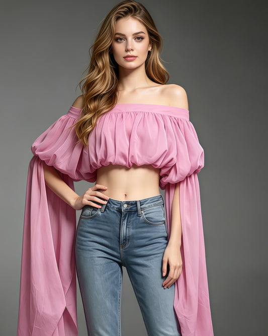Pink Off Shoulder Puff Sleeves Cropped Blouse