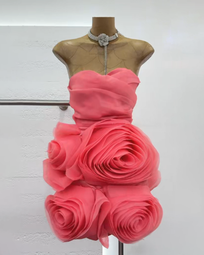 Pink Off Shoulder Spliced Rose Mini Dress