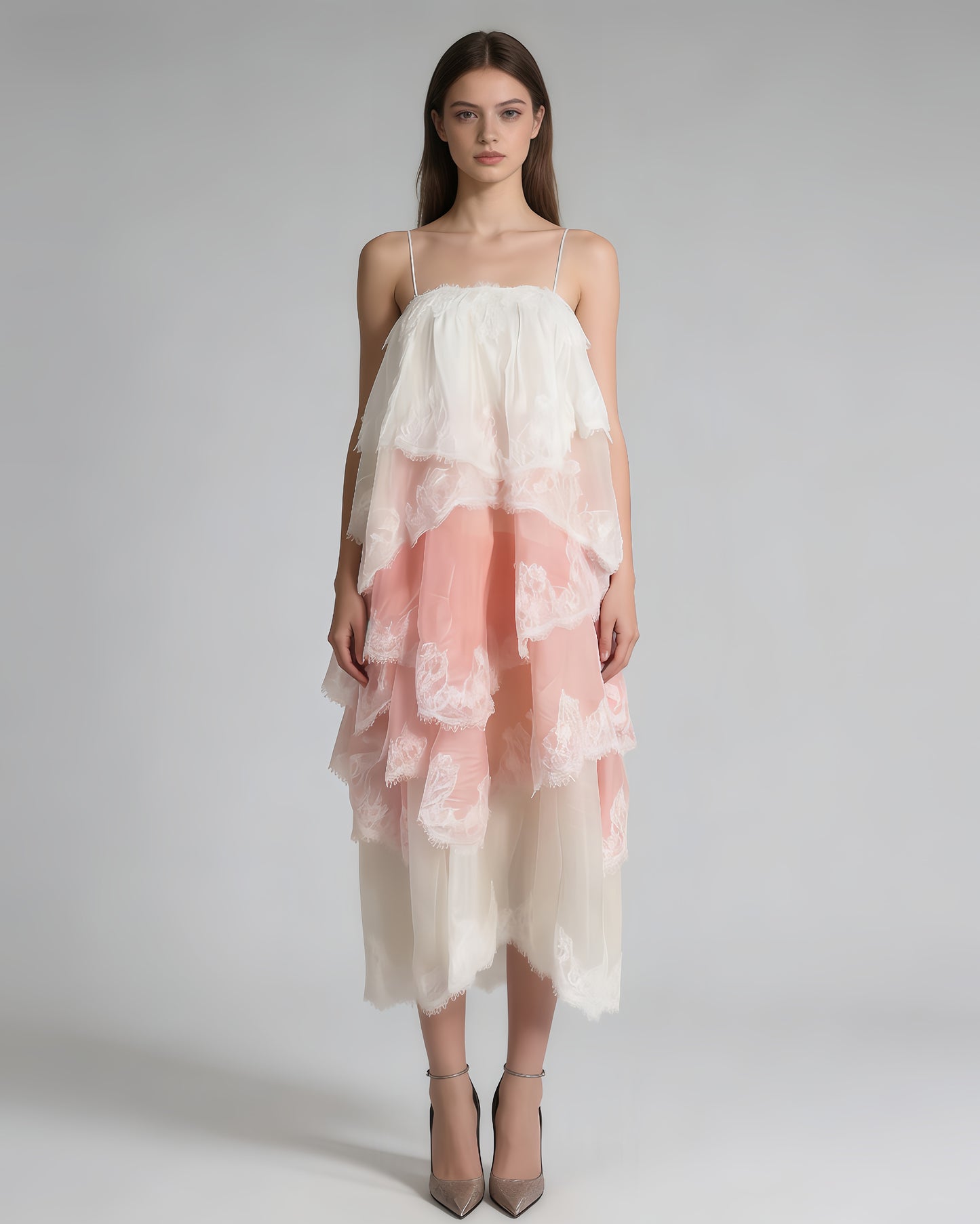 Pink Ombre Lace Tiered Midi Dress