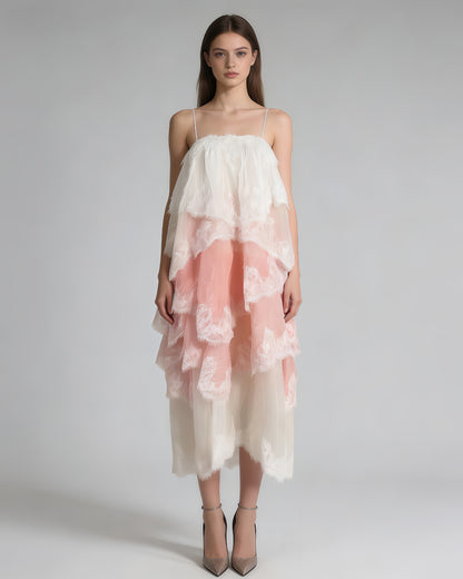 Pink Ombre Lace Tiered Midi Dress