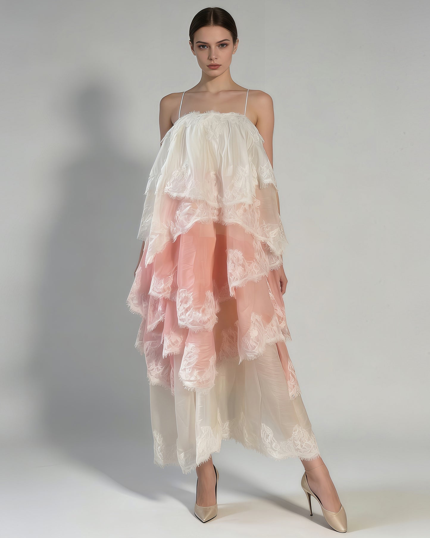 Pink Ombre Lace Tiered Midi Dress