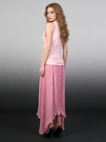 Pink Ombre One-Shoulder Pleated Maxi Dress