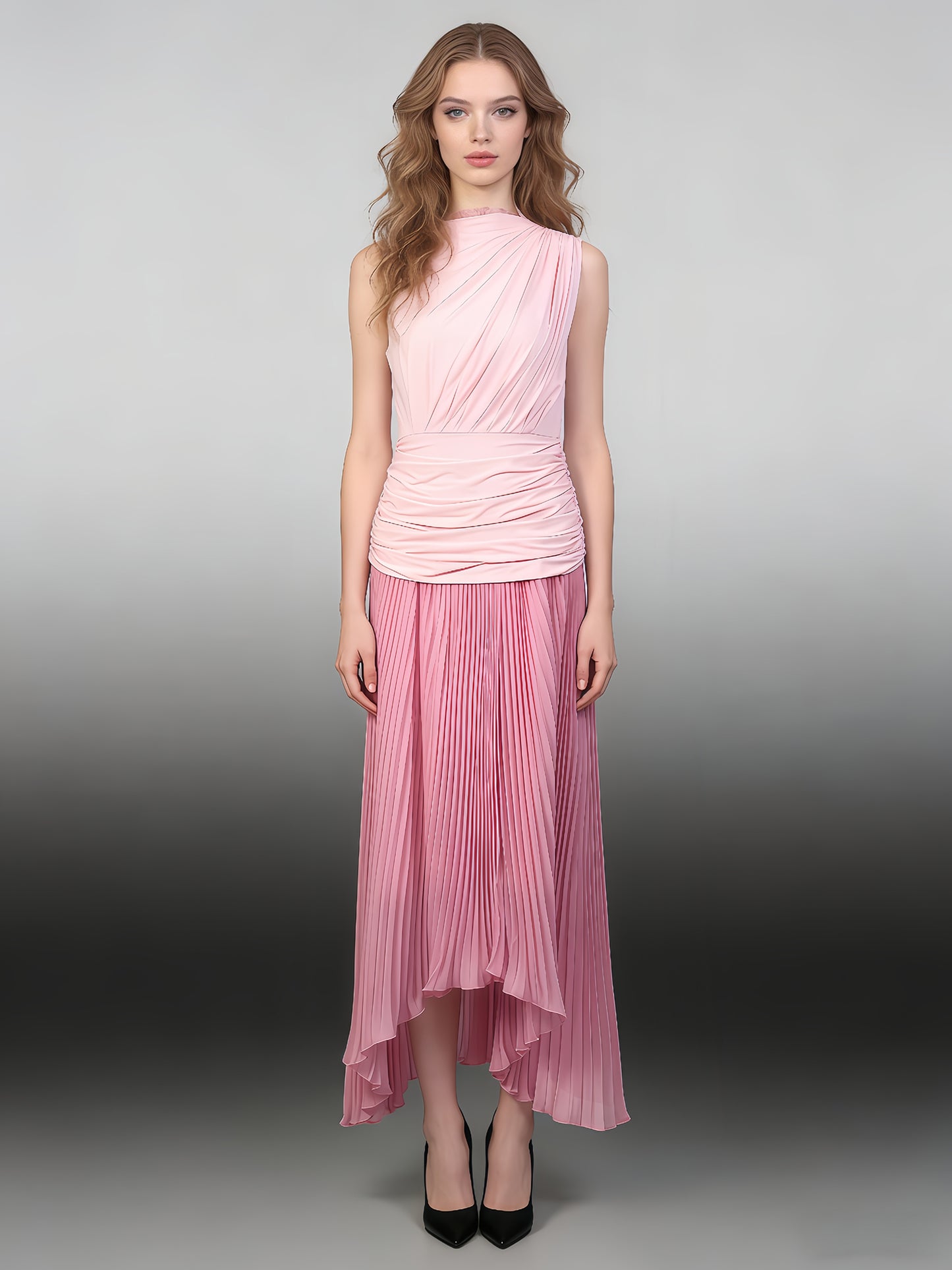 Pink Ombre One-Shoulder Pleated Maxi Dress