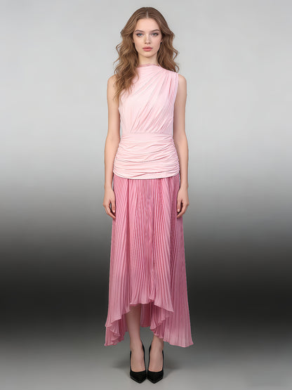 Pink Ombre One-Shoulder Pleated Maxi Dress