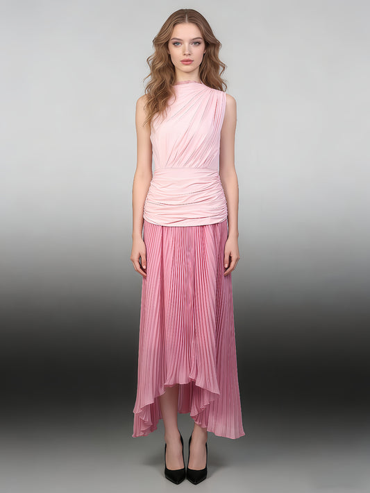 Pink Ombre One-Shoulder Pleated Maxi Dress