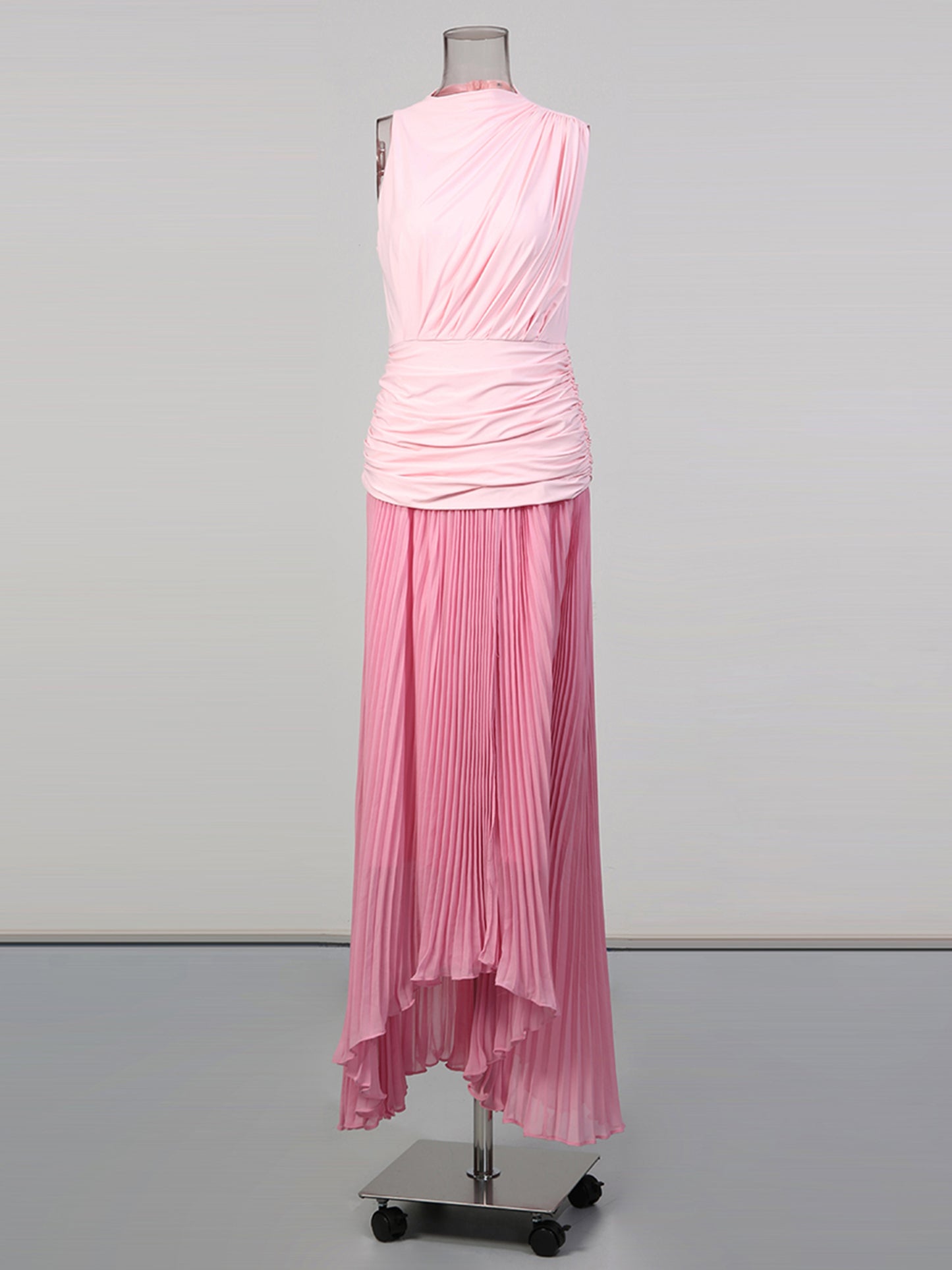 Pink Ombre One-Shoulder Pleated Maxi Dress
