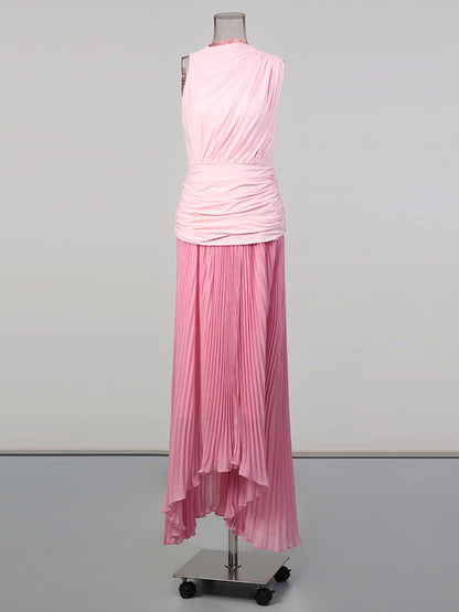 Pink Ombre One-Shoulder Pleated Maxi Dress