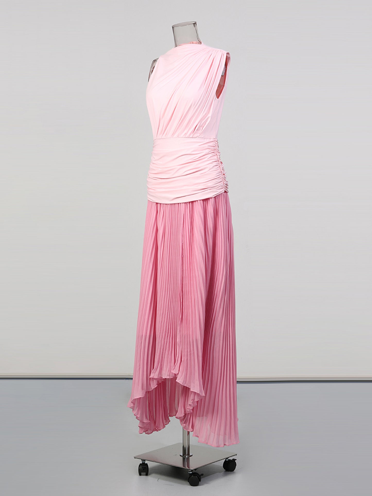 Pink Ombre One-Shoulder Pleated Maxi Dress
