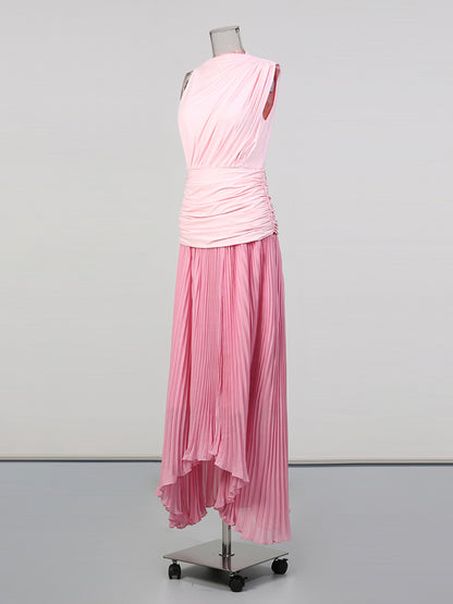 Pink Ombre One-Shoulder Pleated Maxi Dress