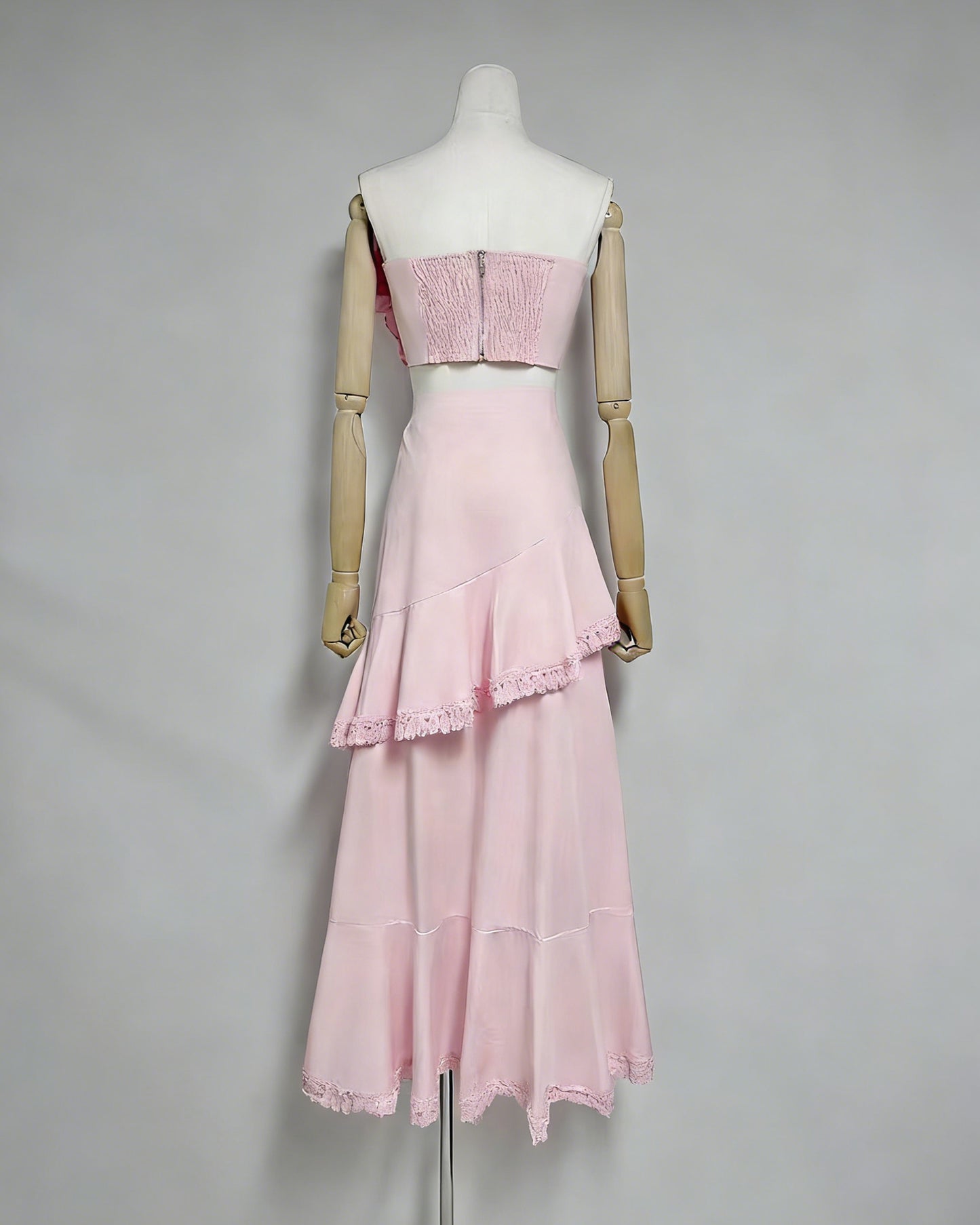 Pink One-Shoulder Crochet Ruffle Two-Piece Set