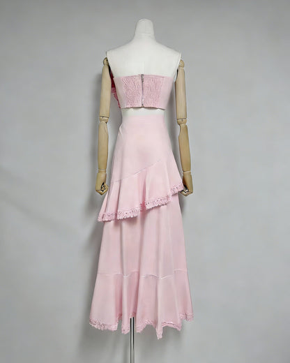 Pink One-Shoulder Crochet Ruffle Two-Piece Set