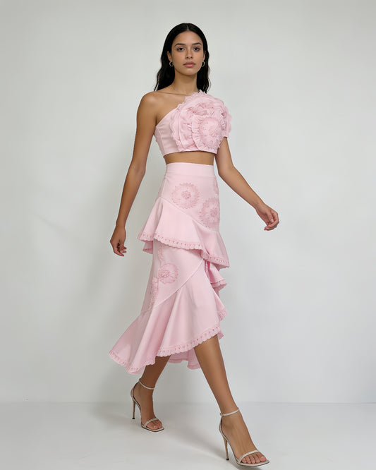 Pink One-Shoulder Crochet Ruffle Two-Piece Set