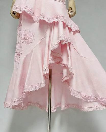 Pink One-Shoulder Crochet Ruffle Two-Piece Set