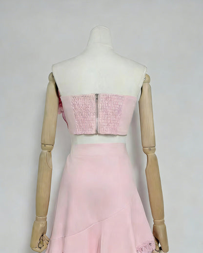 Pink One-Shoulder Crochet Ruffle Two-Piece Set