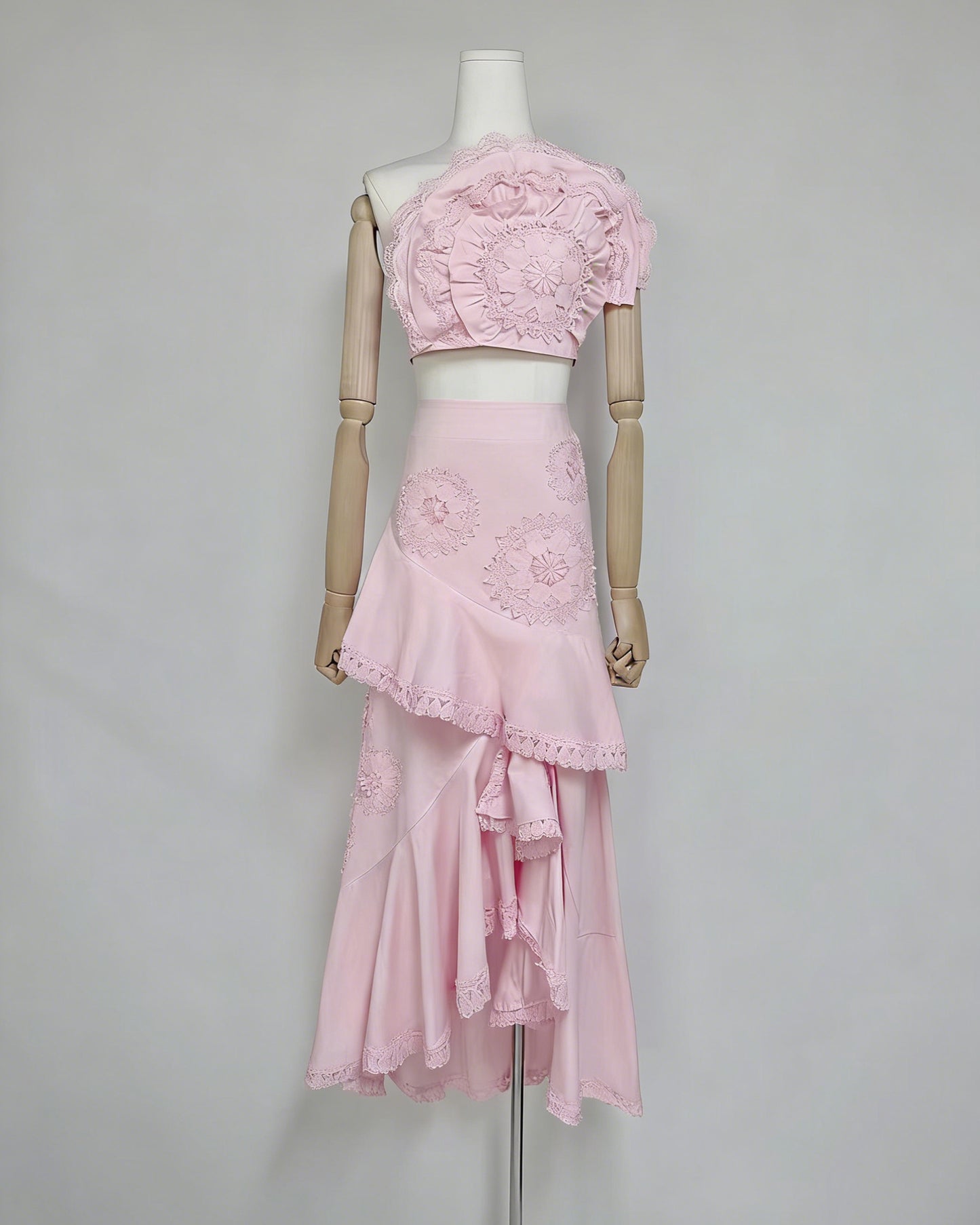 Pink One-Shoulder Crochet Ruffle Two-Piece Set