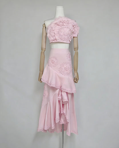 Pink One-Shoulder Crochet Ruffle Two-Piece Set