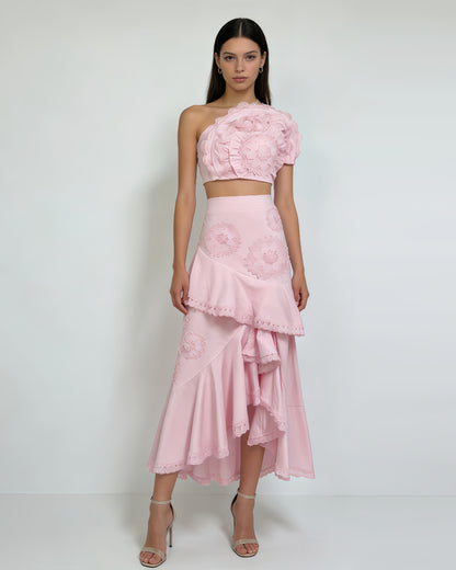Pink One-Shoulder Crochet Ruffle Two-Piece Set