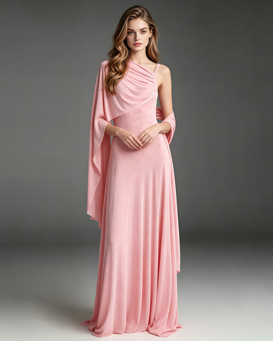 Pink One Shoulder Draped Mesh Floor Maxi Dress