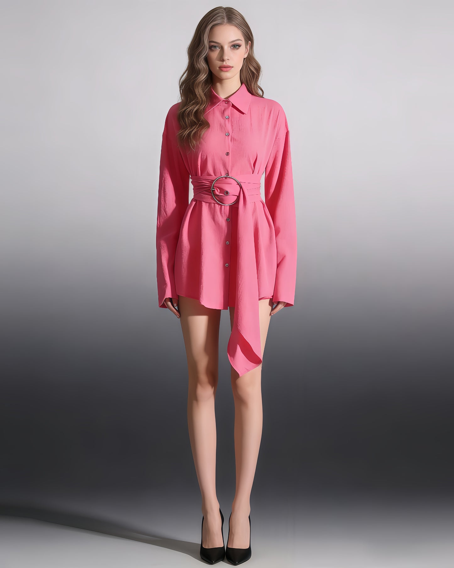 Pink Oversized Shirt with Circular Buckle Belt