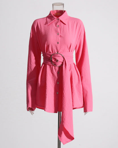 Pink Oversized Shirt with Circular Buckle Belt