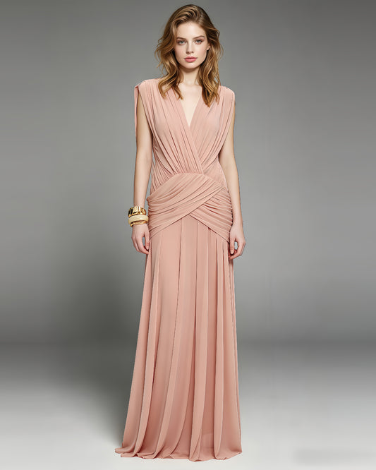 Pink Pleated Chiffon Wrap V-Neck Evening Gown