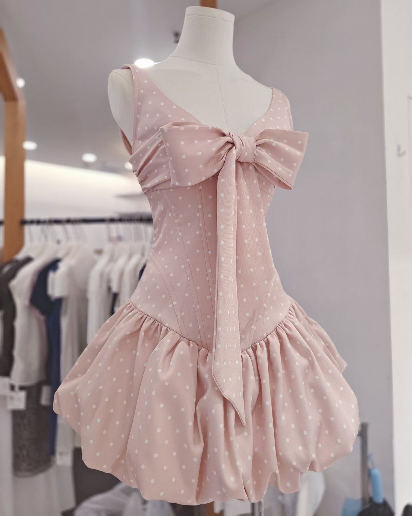 Pink Polka Dot Bow Corset Mini Dress