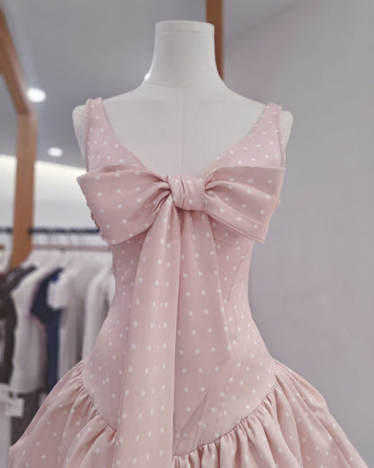 Pink Polka Dot Bow Corset Mini Dress