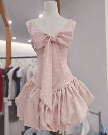 Pink Polka Dot Bow Corset Mini Dress