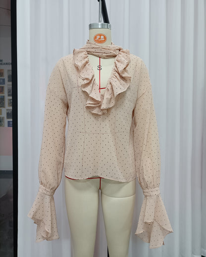 Pink Polka Dot Ruffle Neck Blouse