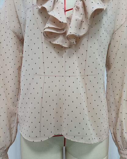 Pink Polka Dot Ruffle Neck Blouse