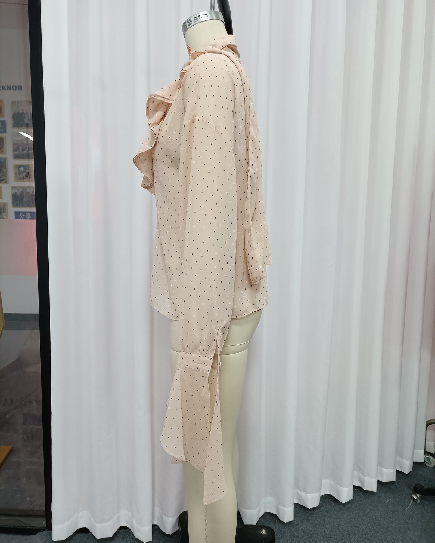 Pink Polka Dot Ruffle Neck Blouse