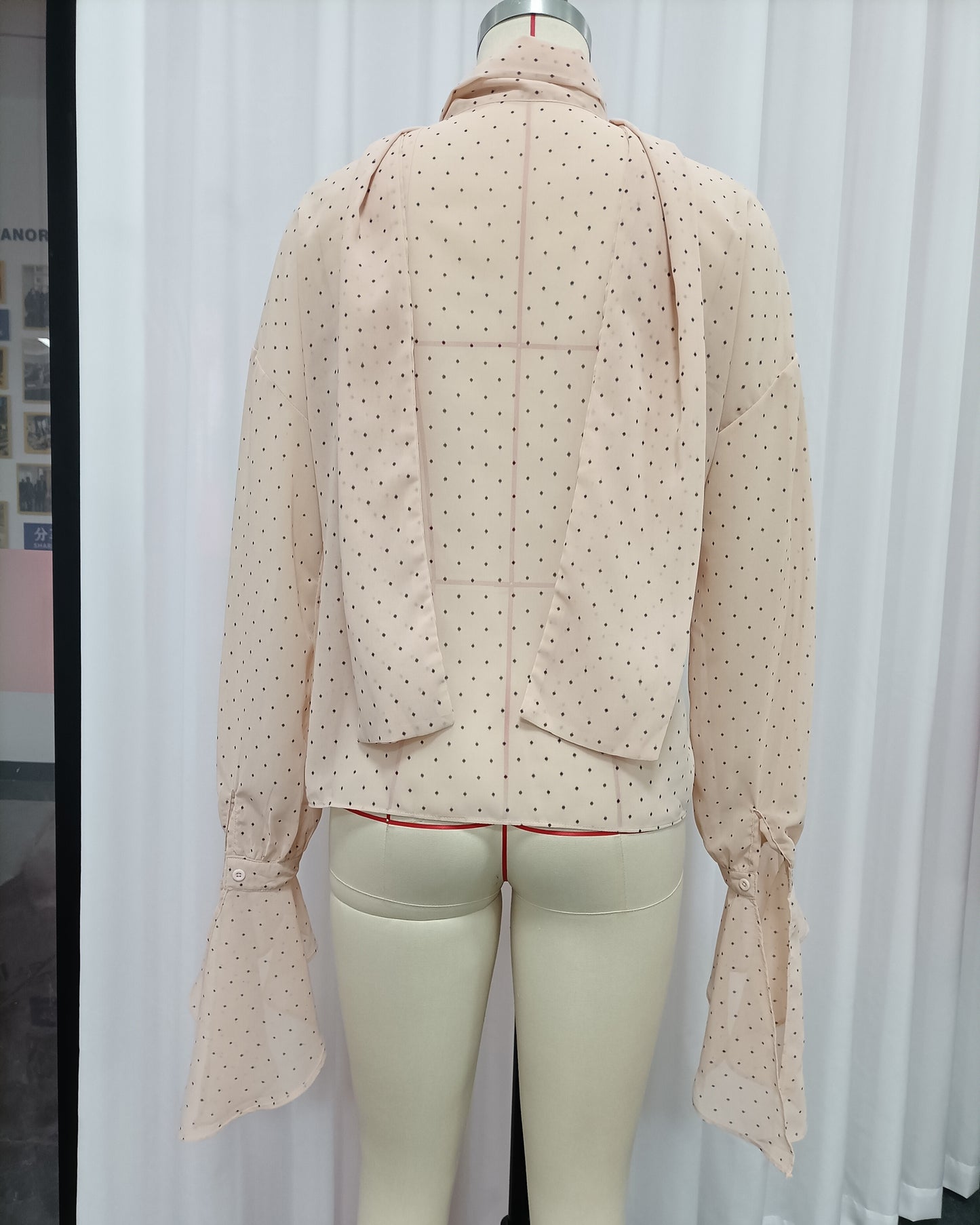 Pink Polka Dot Ruffle Neck Blouse