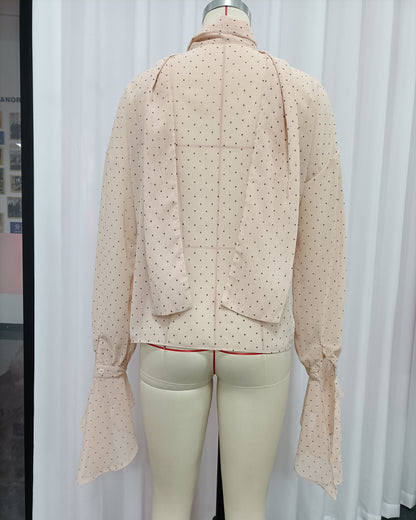 Pink Polka Dot Ruffle Neck Blouse