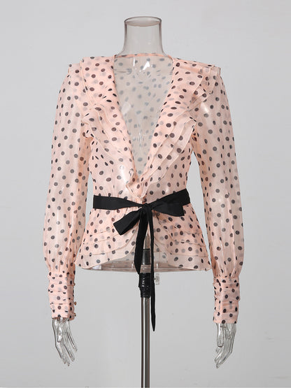 Pink Polka Dot V Neck Blouse With Waist Tie