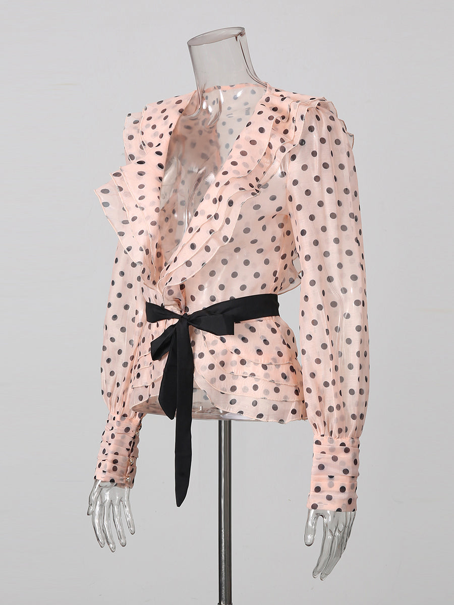Pink Polka Dot V Neck Blouse With Waist Tie
