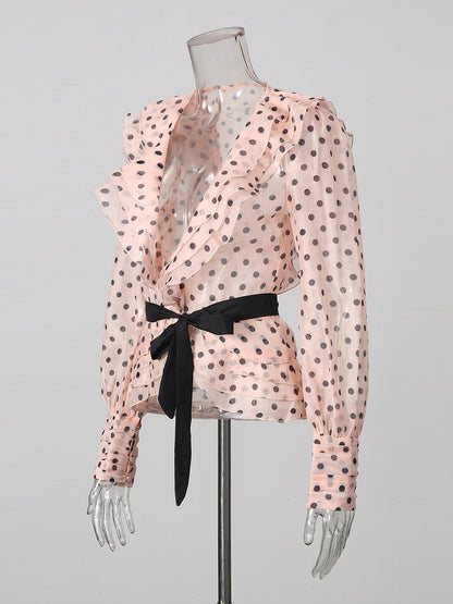 Pink Polka Dot V Neck Blouse With Waist Tie