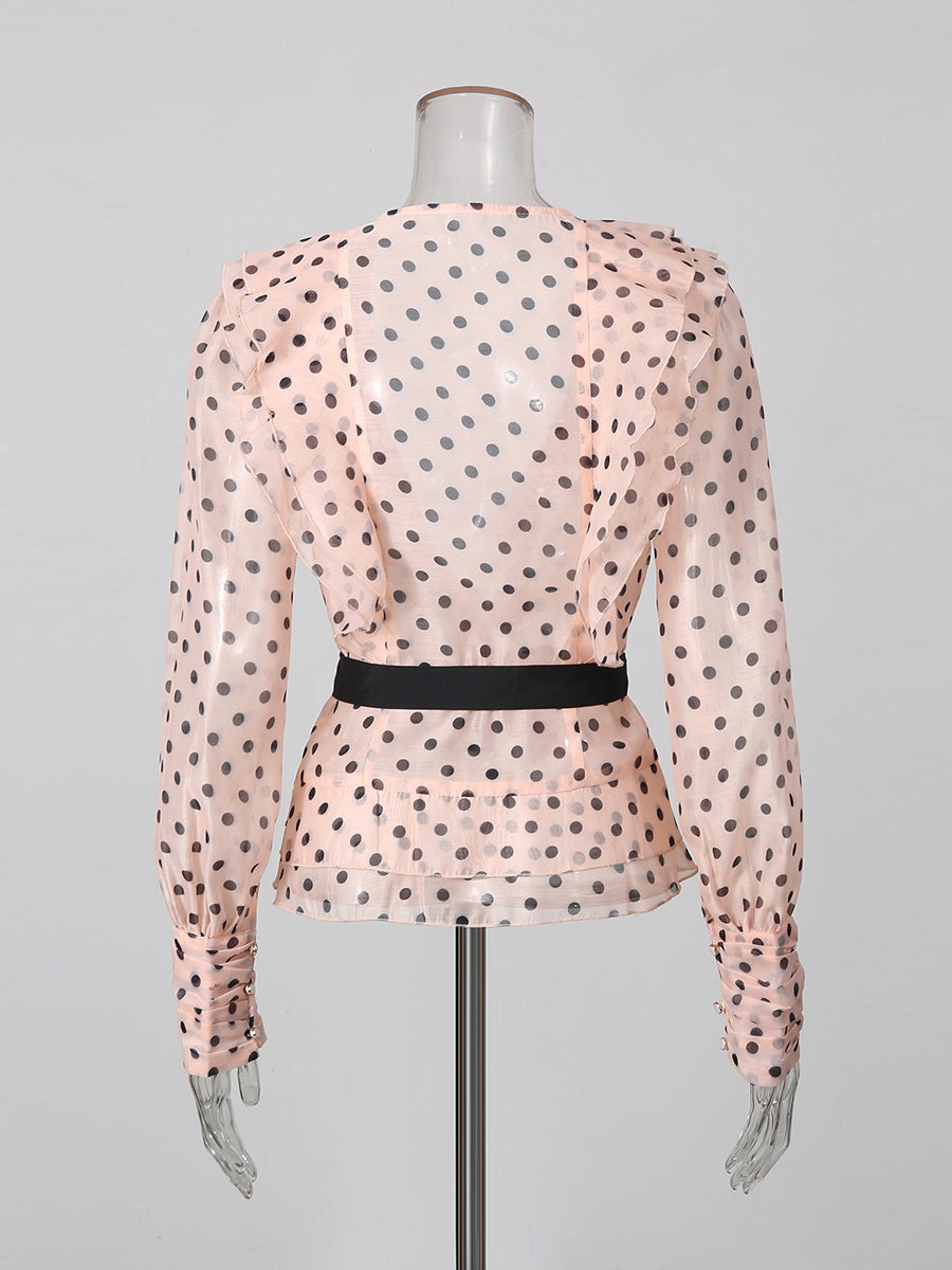Pink Polka Dot V Neck Blouse With Waist Tie
