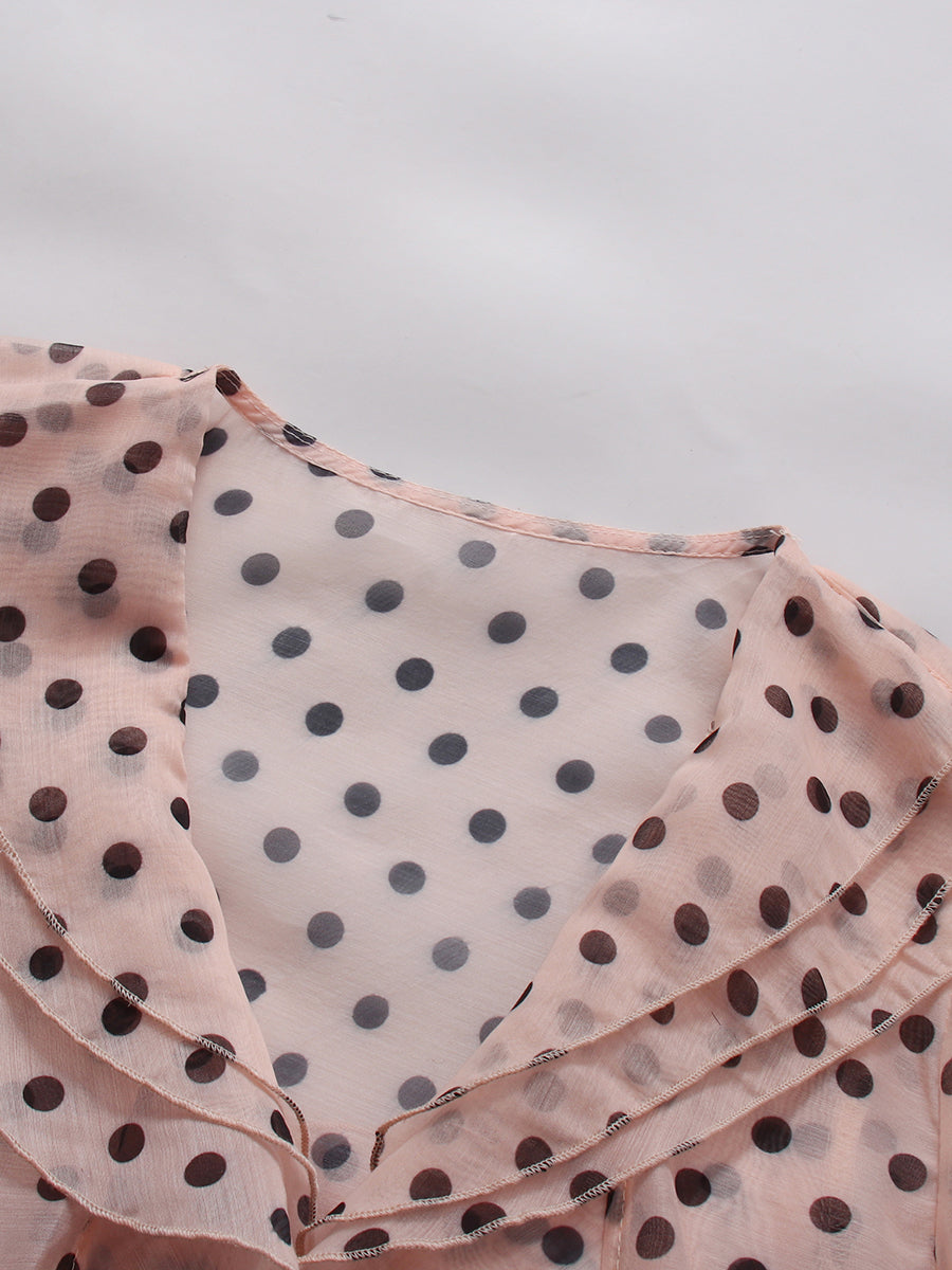 Pink Polka Dot V Neck Blouse With Waist Tie