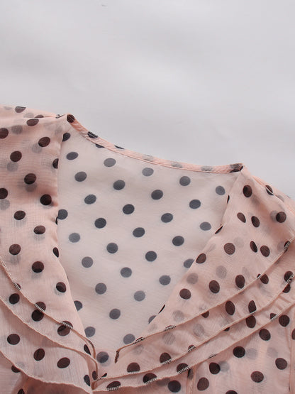 Pink Polka Dot V Neck Blouse With Waist Tie
